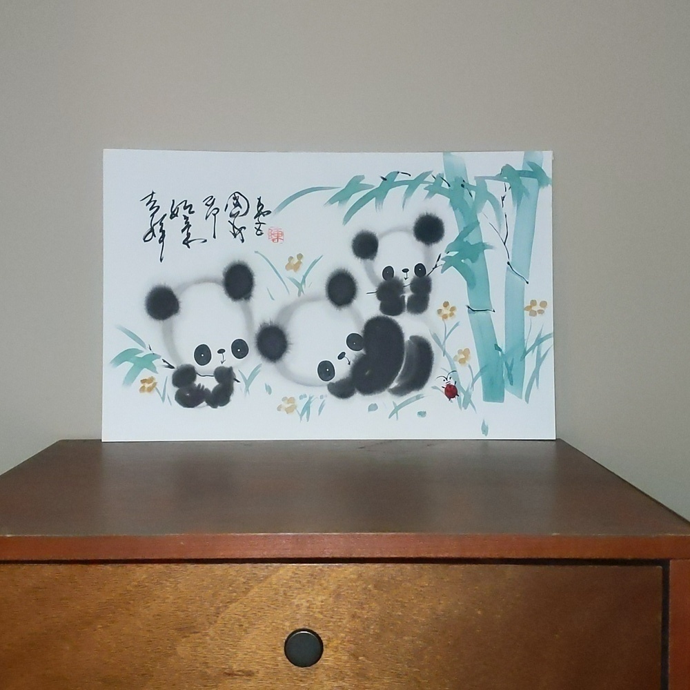 Traditional Panda watercolor painting. Vintage.3 baby panda bears. 17"x1…